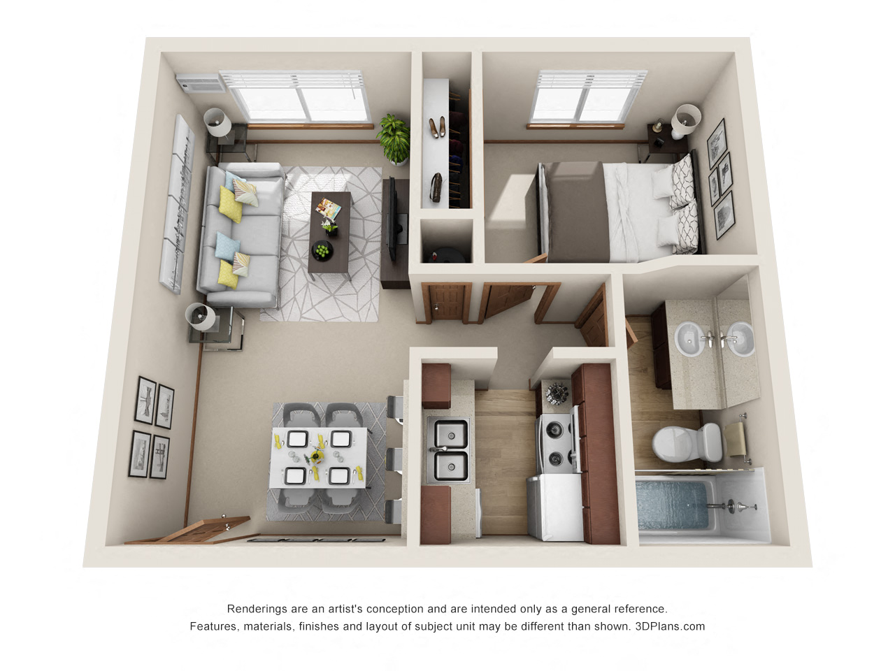 Floor plan for 1 bed, 1 bath, 600 sqft